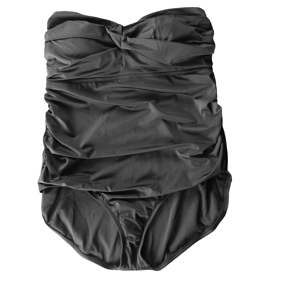 Time & Tru 2X Black One Piece Swimsuit Strapless Ruched Tummy Control NWT